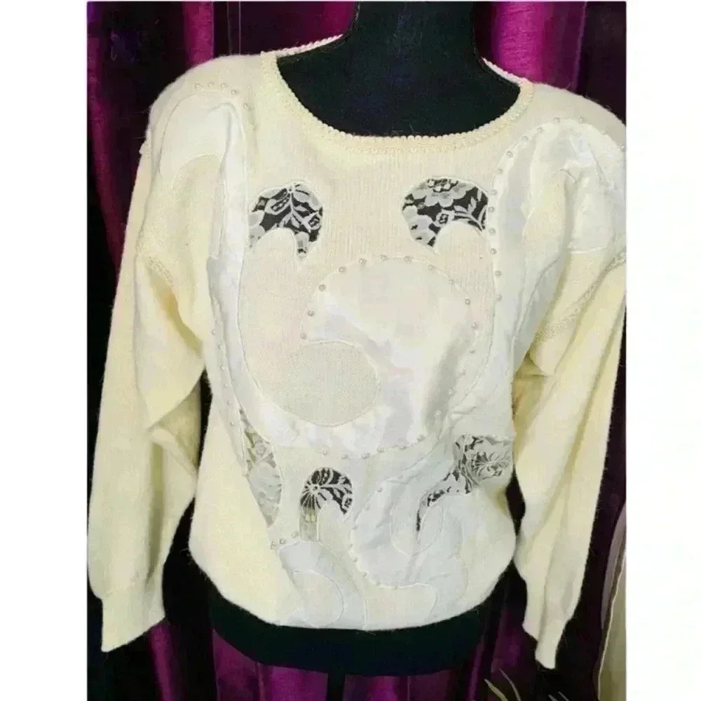Vintage Jessica LTD.  Cream Sweater With Sheer Lace Detail & Faux Pearls Size M